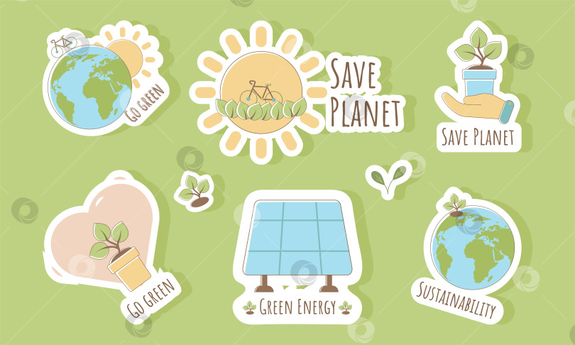 Скачать Набор наклеек Устойчивое развитие. Концепция устойчивой экологии ко Дню Земли и Всемирному дню окружающей среды. фотосток Ozero