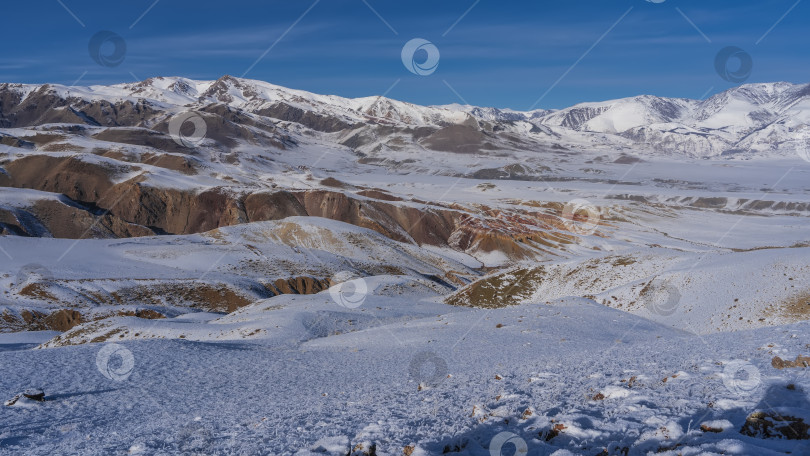 Скачать Живописные необычные горы с красно-коричневыми склонами на фоне голубого неба. фотосток Ozero