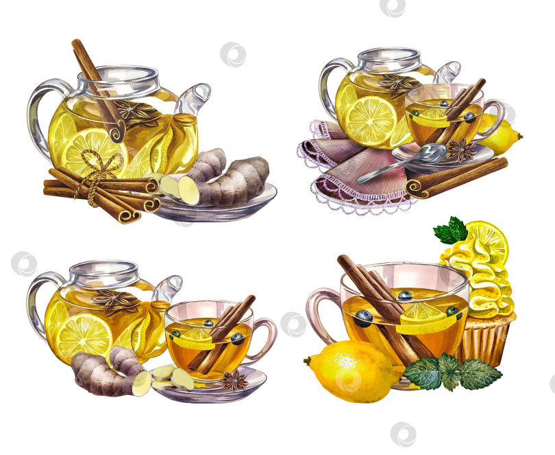 Скачать Набор композиций с ароматным противовирусным чаем с лимоном, корицей, имбирем и медом. Витаминный чай от простуды. Акварельная иллюстрация. Для этикеток, приглашений, баннеров, упаковки и меню. фотосток Ozero