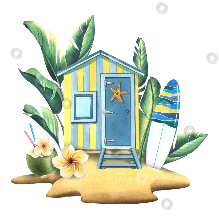 Скачать Деревянный пляжный домик на острове с тропическими листьями, доской для серфинга, кокосовым коктейлем, цветком плюмерии и морской звездой. Акварельная иллюстрация. Композиция на белом фоне из коллекции SURFING. фотосток Ozero