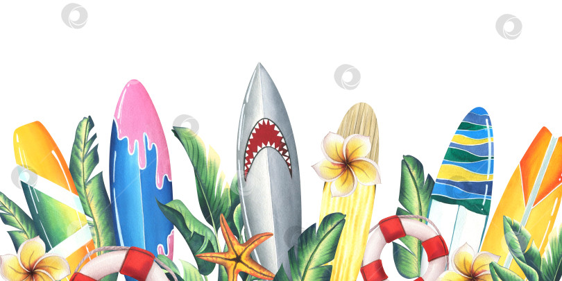 Скачать Разные, яркие доски для серфинга с тропическими листьями и цветами плюмерии, морскими звездами и спасательными кругами. акварельная иллюстрация. Шаблон из коллекции SURFING. Для украшения и дизайна фотосток Ozero