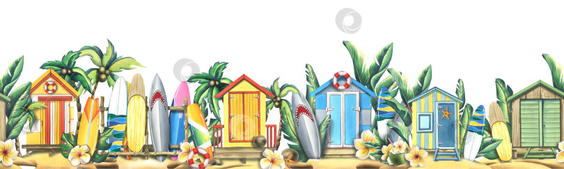 Скачать Пляжные домики на песке с досками для серфинга, пальмами, тропическими листьями и цветами. Акварельная иллюстрация. Бесшовная доска из коллекции для серфинга. Для украшения и дизайна. фотосток Ozero