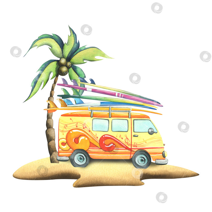 Скачать Желтый фургон с досками для серфинга на крыше, идущий по песчаному острову с кокосовой пальмой на белом фоне. Акварельная иллюстрация из коллекции "СЕРФИНГ". В мультяшном стиле фотосток Ozero