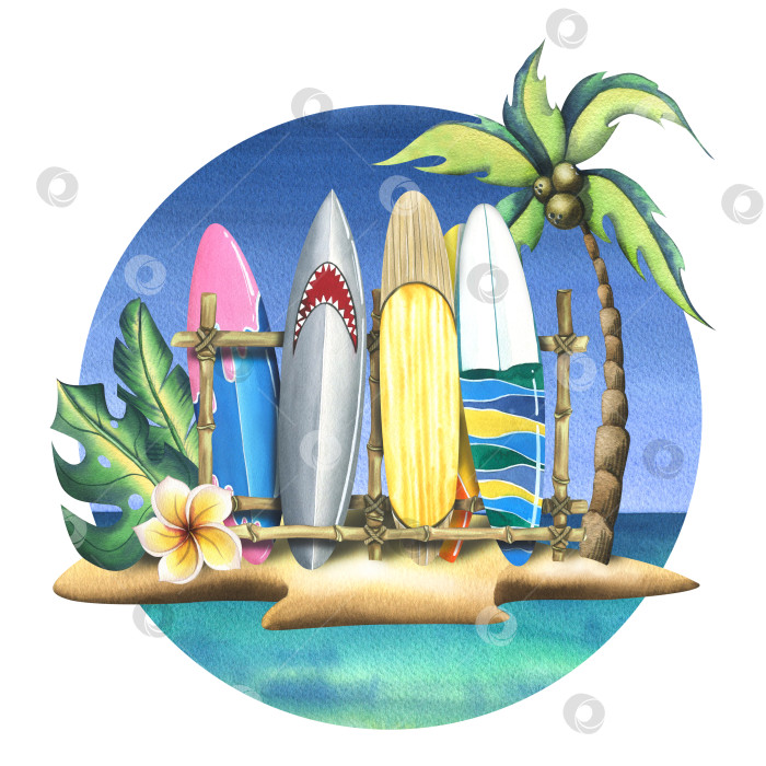 Скачать Тропический остров с кокосовой пальмой, листьями цветка плюмерии и досками для серфинга на подставке. Акварельная иллюстрация в мультяшном стиле. Композиция из коллекции для серфинга. Для украшения и дизайна фотосток Ozero