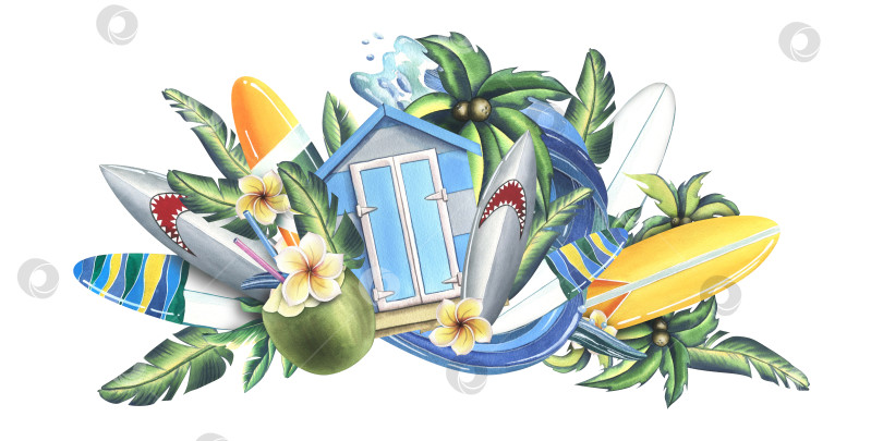 Скачать Деревянный пляжный домик с доской для серфинга, листьями тропической монстеры, цветами франжипани, дорожным знаком и коктейлем из кокоса. Акварельная иллюстрация, нарисованная от руки. Изолированная композиция на белом фоне фотосток Ozero