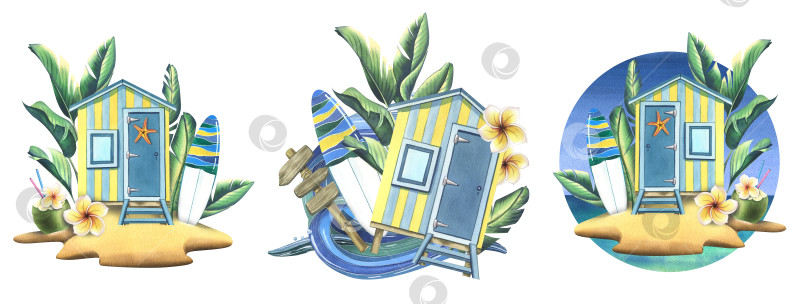 Скачать Пляжный домик в синюю и желтую полоску, доска для серфинга, дорожный знак, тропические листья, цветы франжипани и морская волна. Акварельная иллюстрация, нарисованная от руки. Набор композиций, выделенных на белом фоне фотосток Ozero