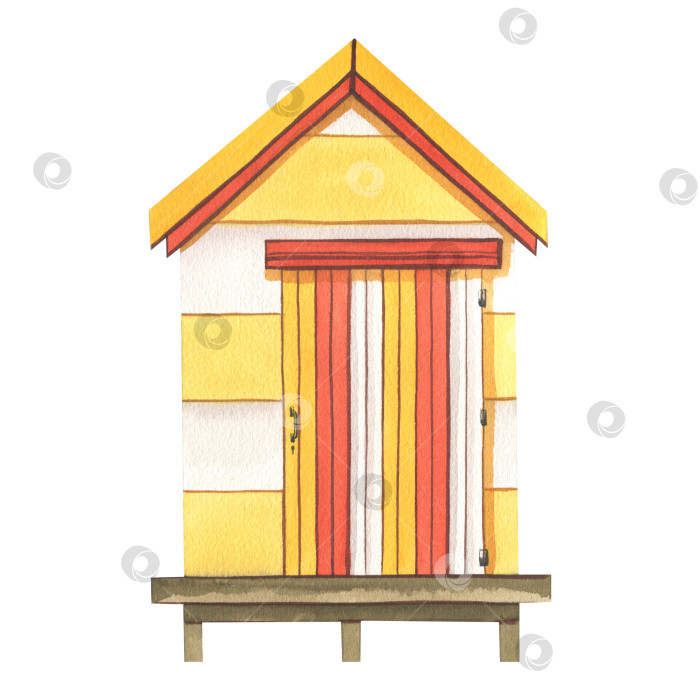 Скачать Пляжный домик, гараж для серфинга, оранжевый, красный и белый, деревянный, в полоску. Акварельная иллюстрация. Изолированный предмет из коллекции для серфинга. Для украшения и оформления композиций, принтов. фотосток Ozero