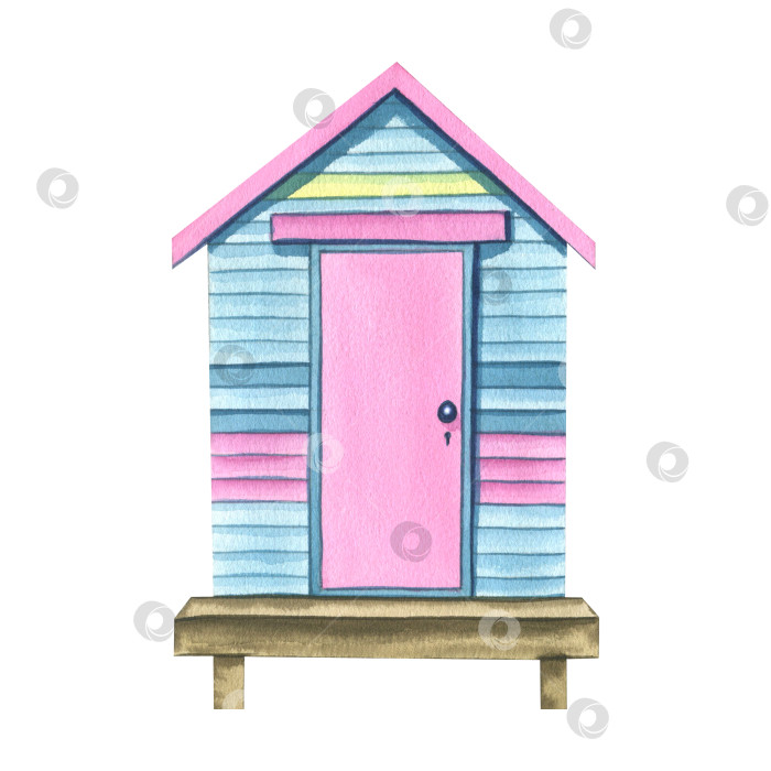 Скачать Пляжный домик, гараж для серфинга, розовый, голубой и желтый, деревянный, в полоску. Акварельная иллюстрация. Изолированный предмет из коллекции для серфинга. Для украшения и оформления композиций, принтов фотосток Ozero
