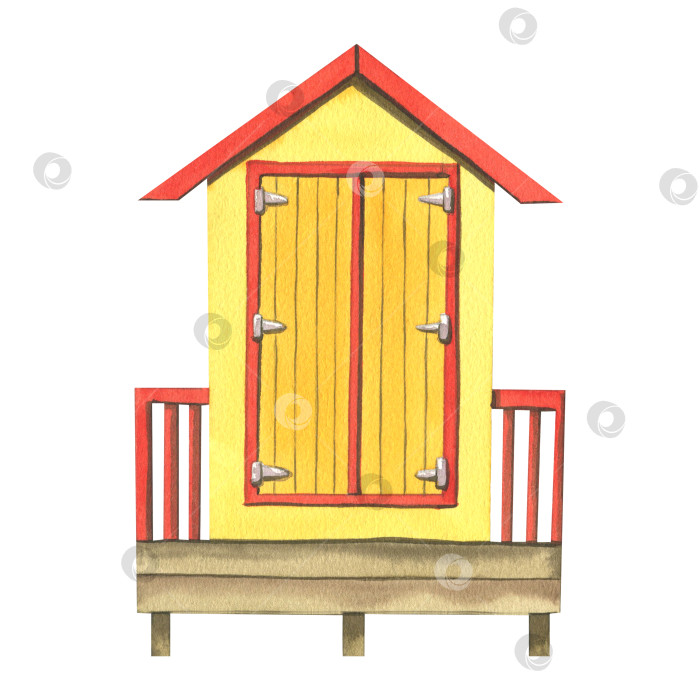 Скачать Пляжный домик, гараж для серфинга, оранжевый, красный и желтый, деревянный, в полоску. Акварельная иллюстрация. Изолированный предмет из коллекции для серфинга. Для украшения и оформления композиций, принтов фотосток Ozero