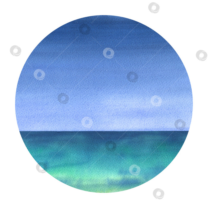 Скачать Акварельная иллюстрация, фон с голубым небом и лазурью, бирюзовым морем или океаном в форме круга из коллекции SURFING. Для украшения и оформления морских и летних композиций фотосток Ozero