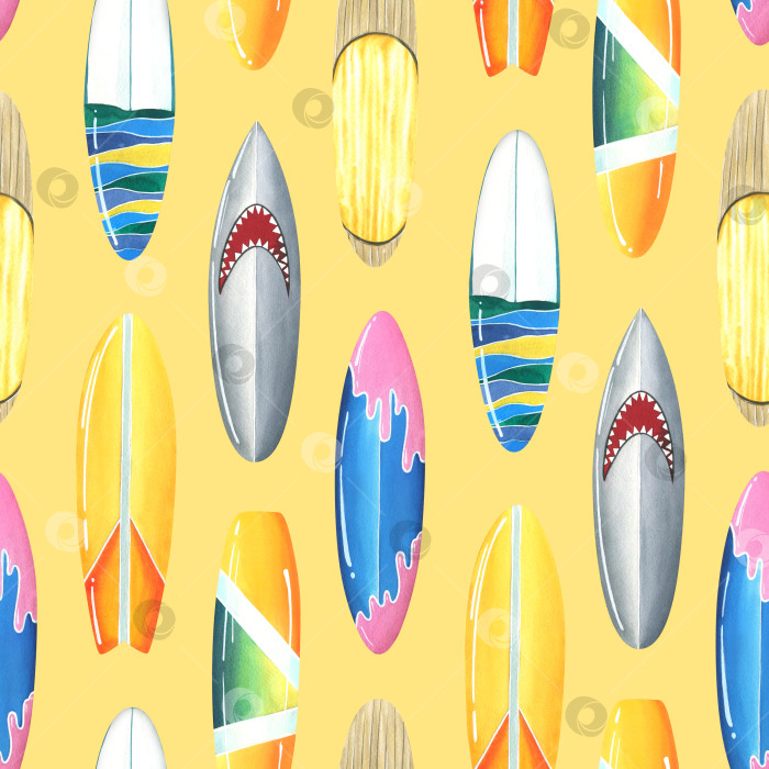 Скачать Разные, яркие доски для серфинга, красочные. Акварельная иллюстрация. Бесшовный узор на оранжевом фоне из коллекции SURFING. Для украшения и дизайна лета, пляжа, моря. фотосток Ozero
