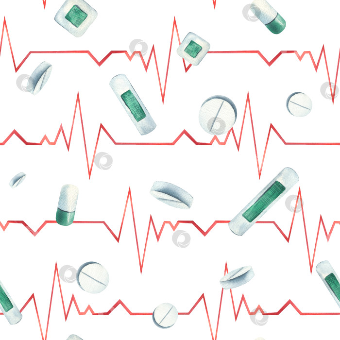 Скачать Бесшовный узор с кардиограммой, клейкой лентой и таблетками. Акварельная иллюстрация, нарисованная от руки, изолированная на белом фоне. Для оформления клиник, больниц, аптек, лекарственных средств. фотосток Ozero