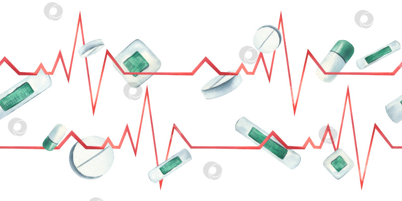 Скачать Бесшовная кайма с кардиограммой, клейкой лентой и таблетками. Акварельная иллюстрация, нарисованная от руки, изолированная на белом фоне. Для проектирования клиник, больниц, аптек, лекарственных средств фотосток Ozero