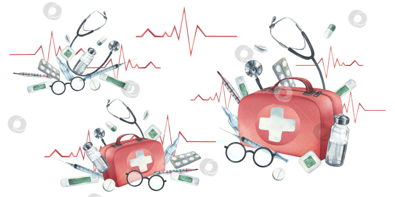 Скачать Красный медицинский кейс, аптечка первой помощи со стетоскопом, инъекциями, пластырем, таблетками и очками. Акварельная иллюстрация, нарисованная от руки. Набор композиций, выделенных на белом фоне. фотосток Ozero