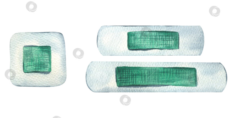 Скачать Лейкопластырь белый с зеленой марлей. Акварельная иллюстрация. Набор изолированных элементов на белом фоне из ветеринарной коллекции. Для украшения и дизайна. фотосток Ozero