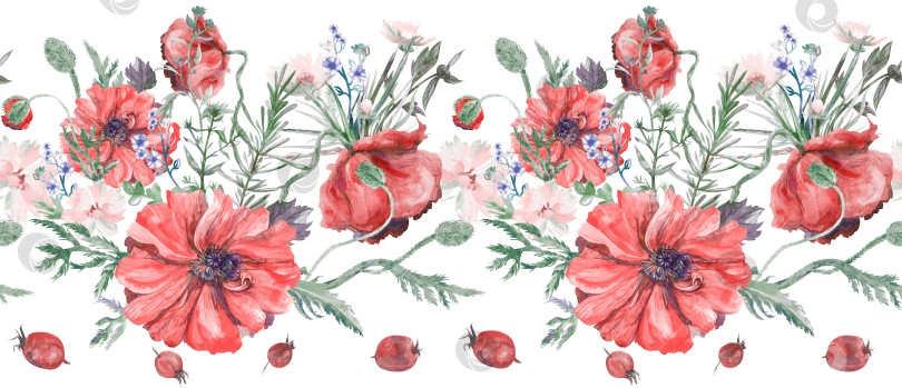 Скачать Бесшовная цветочная кайма с ярко-красными маками и полевыми цветами. фотосток Ozero