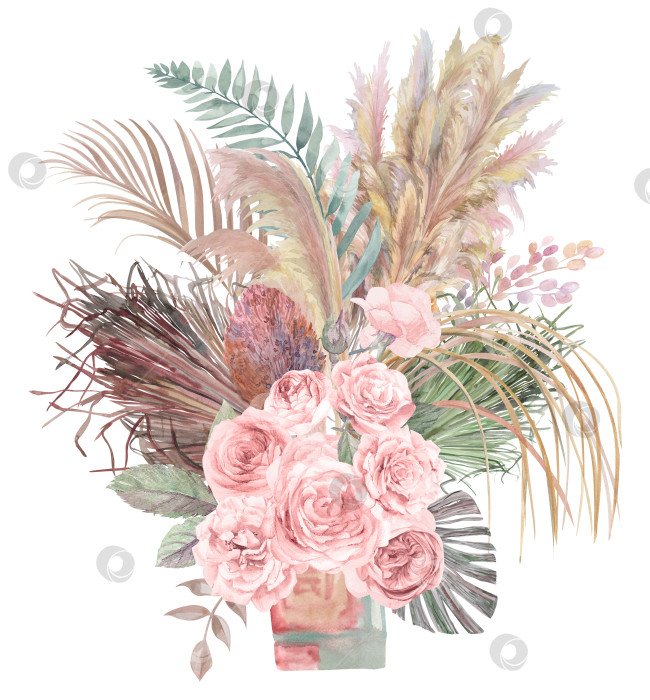 Скачать Акварельный букет с розовой розой, пальмовыми листьями и тропическими цветами фотосток Ozero