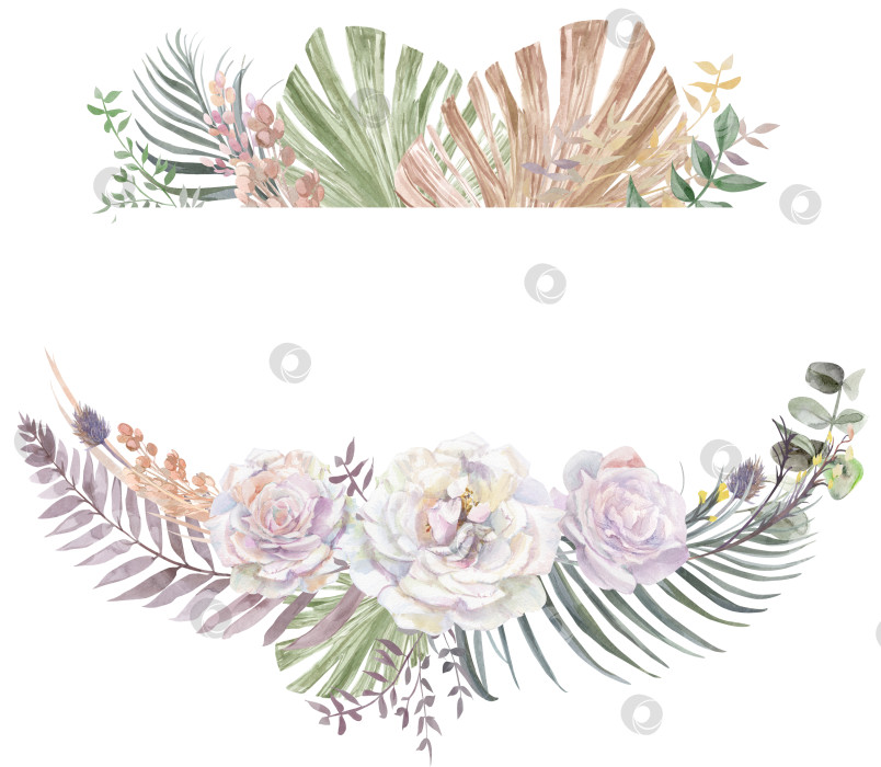 Скачать Прямоугольная рамка с изображением цветов белой розы и пальмовых листьев фотосток Ozero