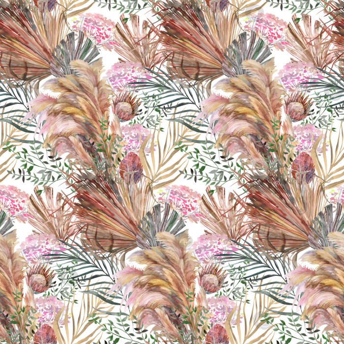 Скачать Акварельный бесшовный узор с гербарием из цветов протеи и листьев тропической пальмы для летнего текстиля фотосток Ozero