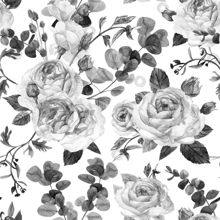 Скачать Реалистичный ретро-узор с черными и белыми розами на белом фоне фотосток Ozero