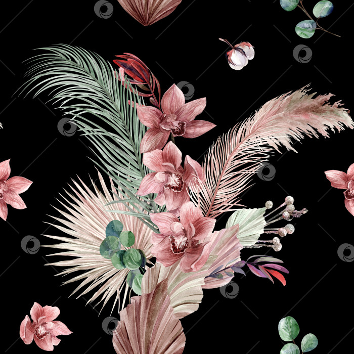 Скачать узор для текстиля и дизайна с орхидеями и сухими пальмовыми листьями фотосток Ozero