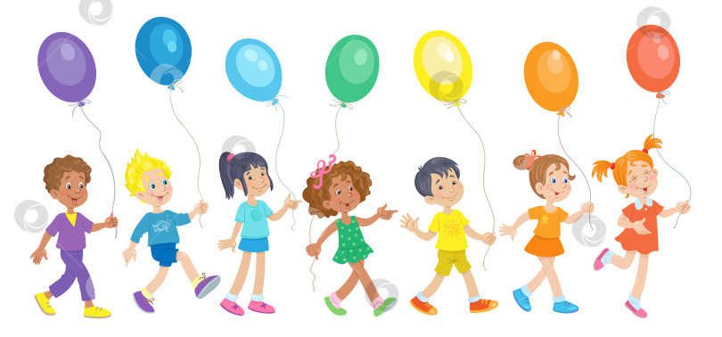 Скачать Счастливые дети разных национальностей гуляют с воздушными шарами всех цветов радуги. фотосток Ozero