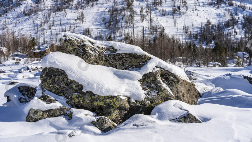 Скачать Живописный валун под слоем снега. Крупный план. фотосток Ozero