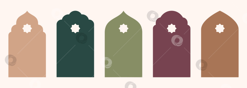 Скачать Форма исламской двери и окна, силуэт арабской арки с символами. Коллекция узоров в восточном стиле. Рамки в арабском мусульманском стиле для Рамадана Карима. Векторные ворота мечети, выделенные белым цветом. фотосток Ozero