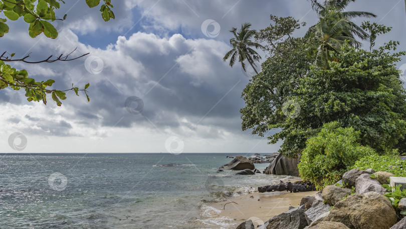 Скачать Гранитные валуны разбросаны по пляжу тропического острова. фотосток Ozero