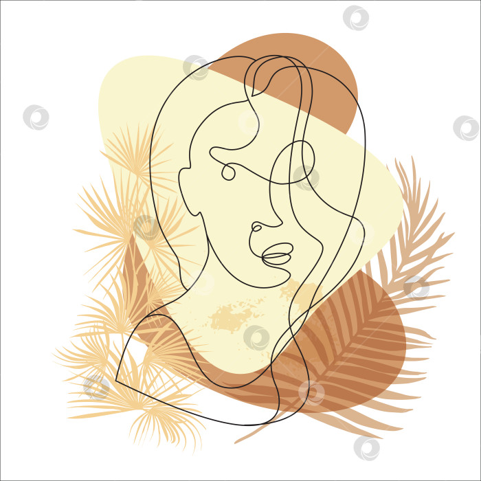 Скачать абстрактный портрет девушки в одну линию в стиле кубизма с выделенными на белом фоне пальмами фотосток Ozero