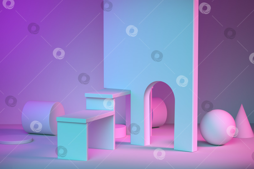 Скачать Абстрактный неоновый фон из геометрических фигур с розовым, фиолетовым, синим освещением. Подиум для рекламы товара. Подставка для презентации сервиса. 3D рендеринг фотосток Ozero