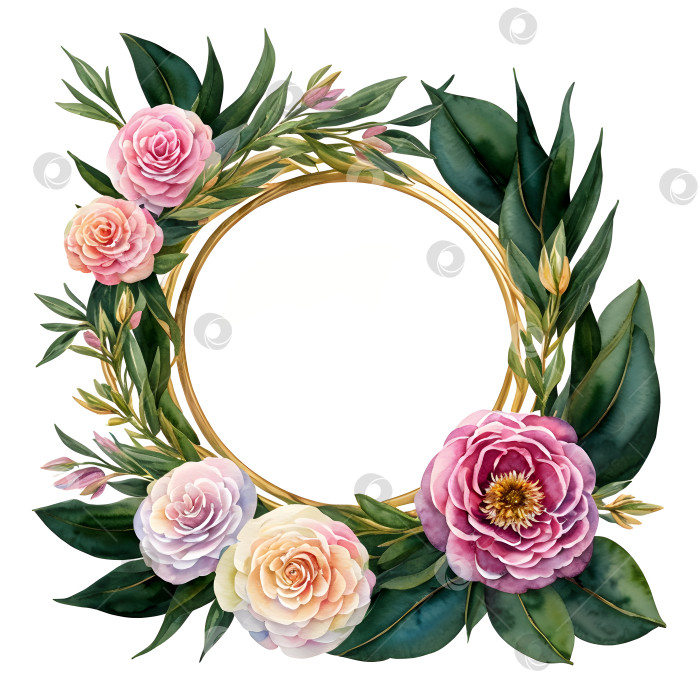 Скачать Акварельный цветочный венок с розовыми и белыми цветами камелии и листьями на белом фоне. фотосток Ozero