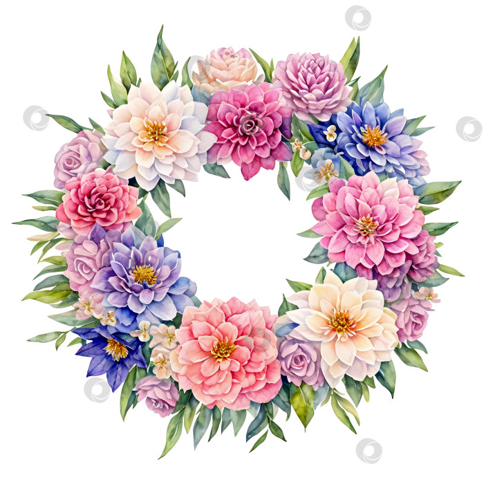 Скачать Акварельный цветочный венок с розовыми, белыми, голубыми цветами и листьями на белом фоне. фотосток Ozero
