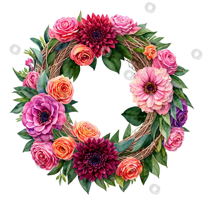 Скачать Акварельный цветочный венок с розовыми, персиковыми, бордовыми цветами и листьями на белом фоне. фотосток Ozero