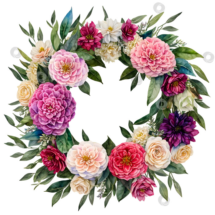 Скачать Акварельный цветочный венок с розовыми, белыми, фиолетовыми, красными цветами и листьями на белом фоне. фотосток Ozero