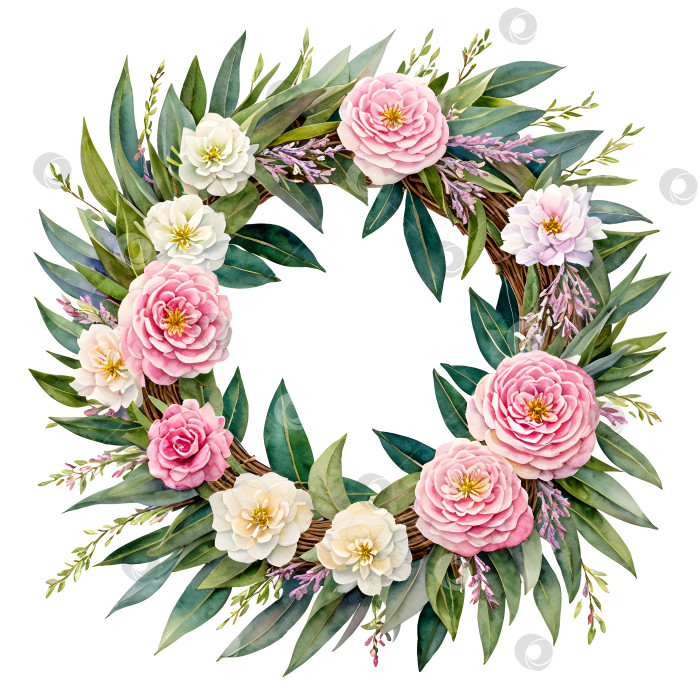Скачать Акварельный цветочный венок с розовыми и белыми цветами и листьями на белом фоне. фотосток Ozero