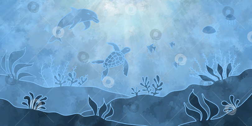 Скачать Акварельная иллюстрация подводного мира синего цвета с дельфином, черепахой, рыбой, медузой фотосток Ozero