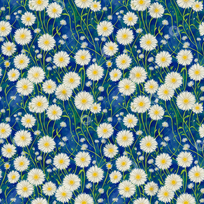 Скачать Акварельный цветочный бесшовный узор из белых хризантем на синем фоне фотосток Ozero
