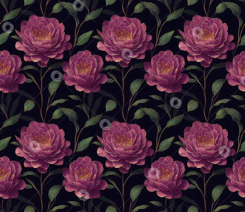 Скачать Цветочный бесшовный узор из стилизованных розовых цветов пиона и зеленых листьев на черном фоне фотосток Ozero