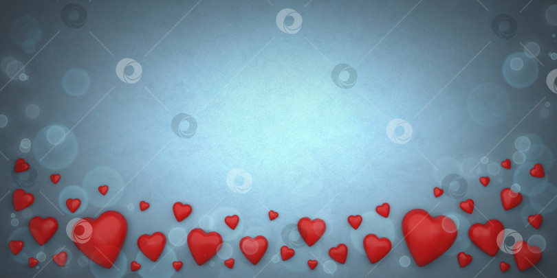 Скачать Поздравительная праздничная иллюстрация ко дню Святого Валентина с красными сердечками на фоне синей акварельной бумаги. фотосток Ozero