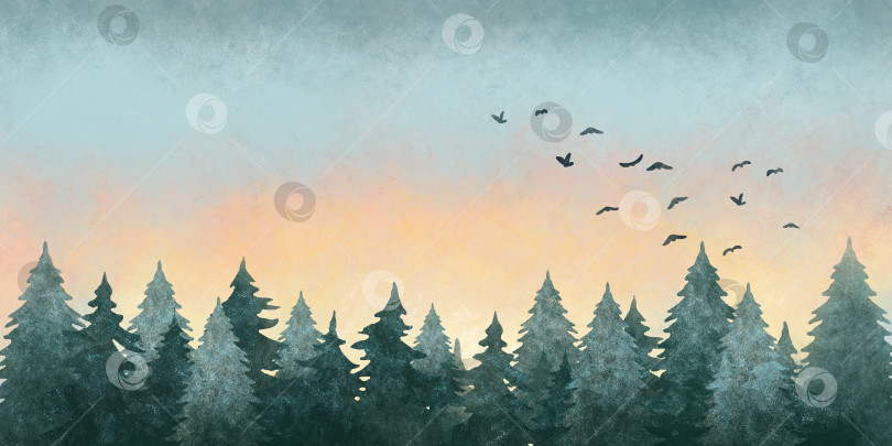 Скачать Акварельная иллюстрация лесного пейзажа на закате с летящими в небе птицами фотосток Ozero