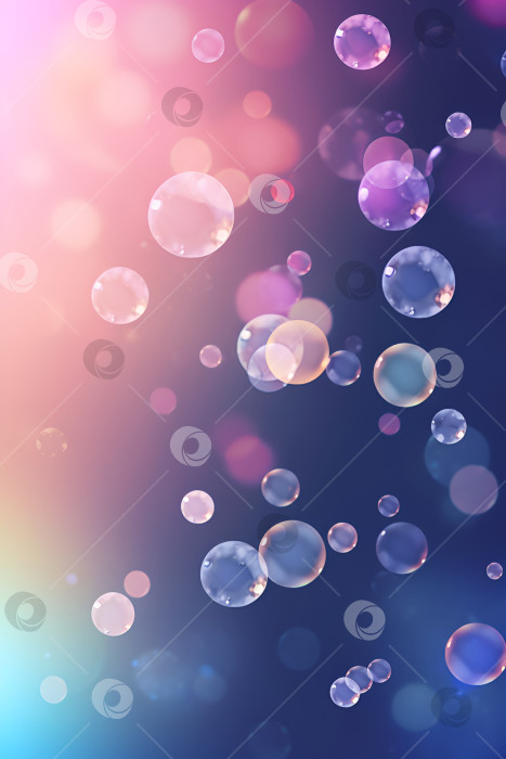 Скачать Абстрактный фон с пузырьками. Реалистичные прозрачные разноцветные мыльные пузыри с радужным отражением на фиолетовом фоне. Красивый фон с плавающими розовыми мыльными пузырями. Вертикальное изображение фотосток Ozero