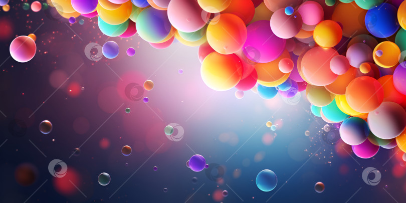 Скачать Абстрактный пузырьковый фон. Горизонтальный баннер с разноцветными случайными летающими сферами. Разноцветные радужные матовые и глянцевые мягкие шарики разного размера на фиолетовом фоне фотосток Ozero