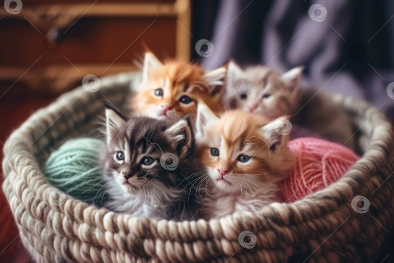 Скачать Пушистые котята в корзинке с клубками пряжи. фотосток Ozero