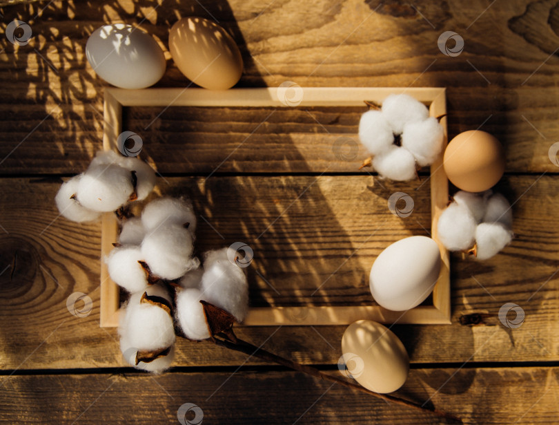 Скачать Яйца и ветка с белыми хлопковыми цветами с солнечными тенями на деревянном фоне.Праздничная открытка.Пасхальный праздник. фотосток Ozero