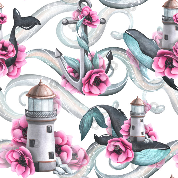 Скачать Морской маяк, киты и якорь с волнами и розовыми цветами анемоны. Нарисованная от руки акварельная иллюстрация. Бесшовный узор на белом фоне. Для ткани, текстиля, обоев, оберточной бумаги фотосток Ozero