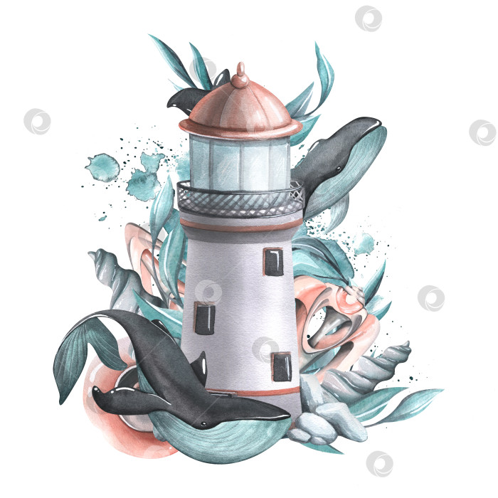 Скачать Морской маяк с китами, водорослями и ракушками. Акварельная иллюстрация. Композиция из коллекции КИТОВ. Для дизайна и декорирования плакатов, наклеек, пляжных и летних принтов. фотосток Ozero