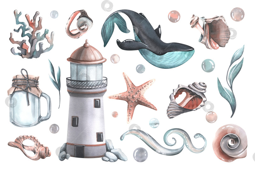 Скачать Набор с китом, маяком, стеклянной банкой, морской звездой, ракушками, кораллами, водорослями, водной волной и пузырьками. Акварельная иллюстрация из коллекции "КИТЫ". Для оформления и дизайна плакатов, открыток фотосток Ozero