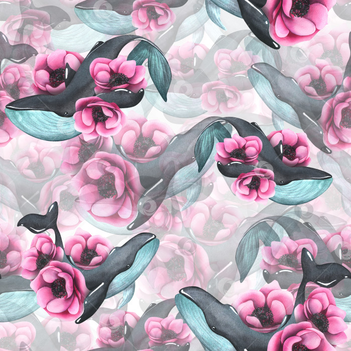 Скачать Большой кит в черно-бирюзовых тонах среди розовых цветов анемоны. Акварельная иллюстрация, нарисованная от руки. Бесшовный узор на белом фоне. Для текстиля, тканей, обоев, принтов, оберточной бумаги фотосток Ozero