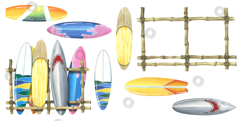 Скачать Разноцветные доски для серфинга с бамбуковой подставкой. Акварельная иллюстрация, нарисованная от руки. Изолированная композиция с элементами на белом фоне. фотосток Ozero